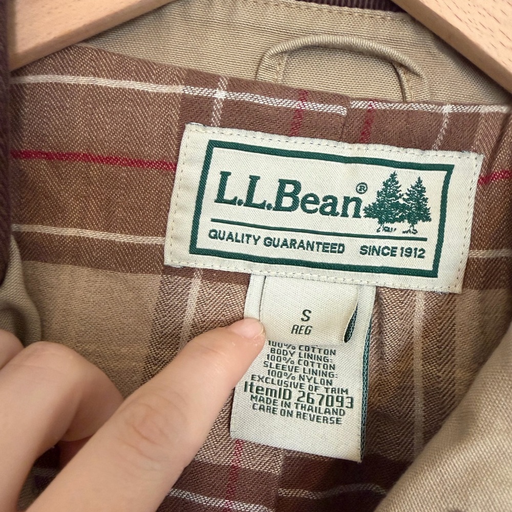 L.L. Bean Men’s Khaki Trench Coat with Dark Brown Corduroy Trim - Picture 2 of 4